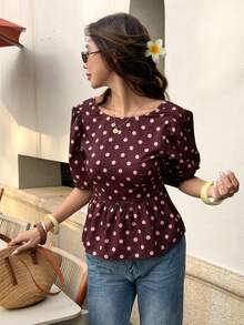 SHEIN Frenchy Women's Back Lace-Up Open Back Puff Sleeve Brown And Pink Polka Dot Blouse Summer Vintage French Elegant Vacation - Brown - View 10