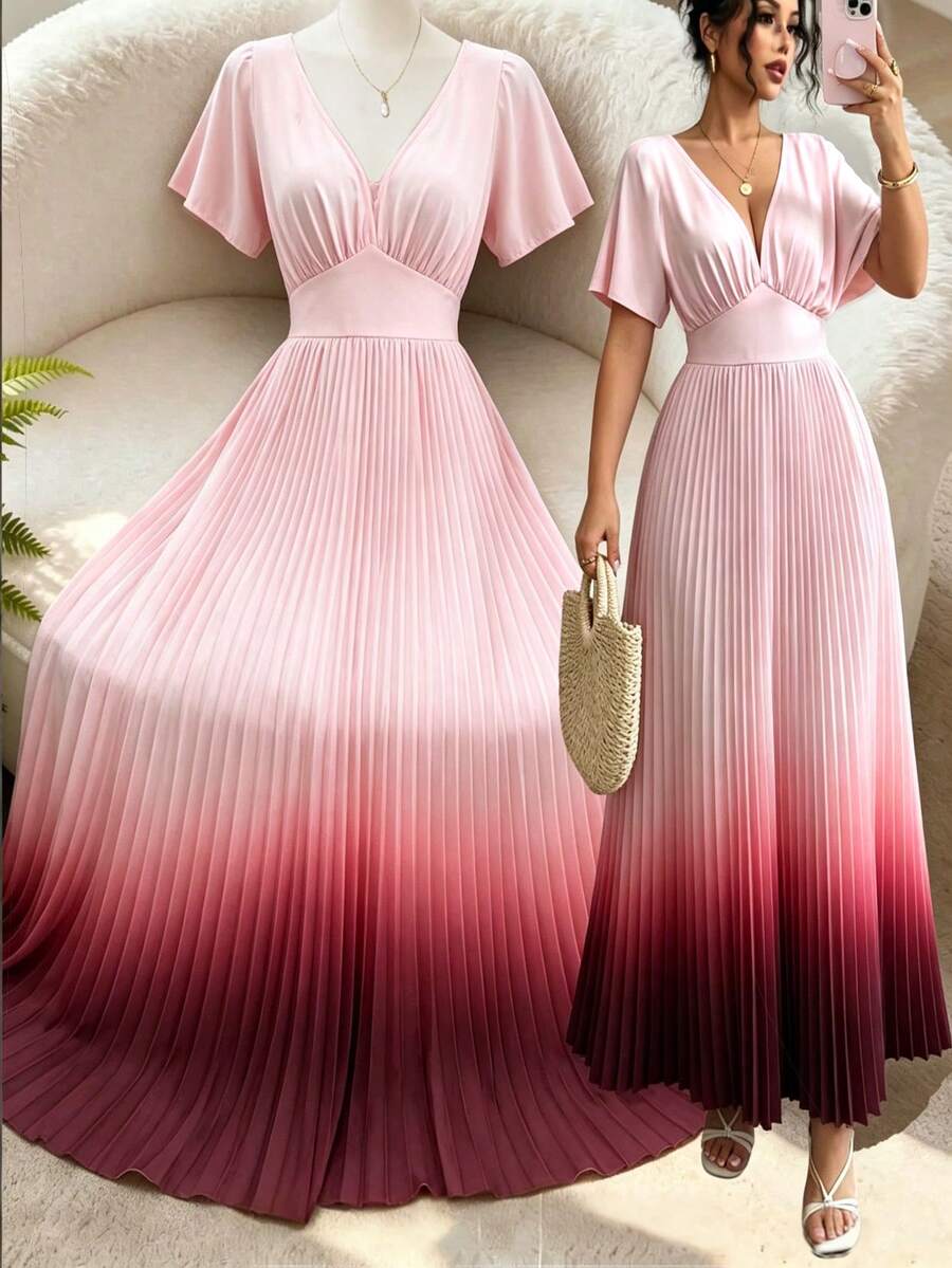 Elenzga Modisches elegantes Damenkleid für Frühling/Sommer mit Taillierung, Plissee und Farbverlauf - Verschiedenfarbig - Übersicht 1