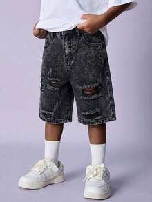 SHEIN Little Byeori Quần short denim túi rách cho bé trai tuổi teen - màu đen - Xem 3