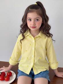 SHEIN Genkimix Kids 女童柠檬条纹印花衬衫，清新轻盈设计，长袖宽松休闲衬衫，柠檬刺绣图案，春秋季休闲衬衫 - 黃色 - 查看 2