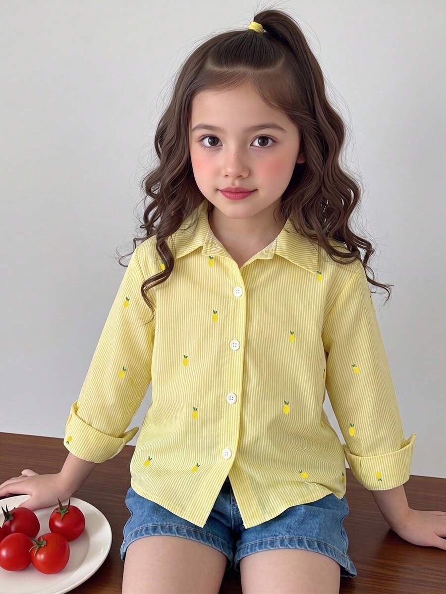 SHEIN Genkimix Kids 女童柠檬条纹印花衬衫，清新轻盈设计，长袖宽松休闲衬衫，柠檬刺绣图案，春秋季休闲衬衫