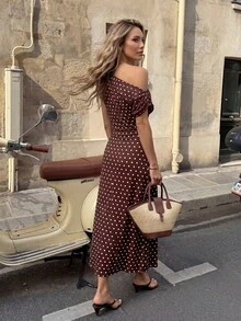 Serisse Abito da donna monospalla con spacco e pois per vacanze - Castano - Visualizzare 2
