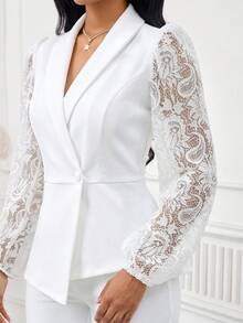 SHEIN Lady Women's Button Lace Patchwork Asymmetrical Hem Blazer And Casual Suit Pants Set - White - View 8