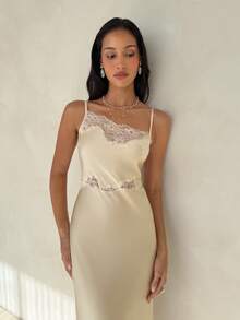 Aloruh Damen Frühlings-/Sommer Neues weißes Hochzeits-Saison Kleid mit hohem Schlitz, extra lang, Spitzen-Patchwork, asymmetrisch, sexy, mit Trägern, geeignet für Dates, Pendeln, formelle Anlässe - Weiss - Übersicht 10