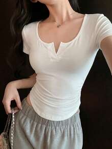 DAZY Women's Spring/Summer Casual Solid Color Fitted T-Shirt - White - View 8