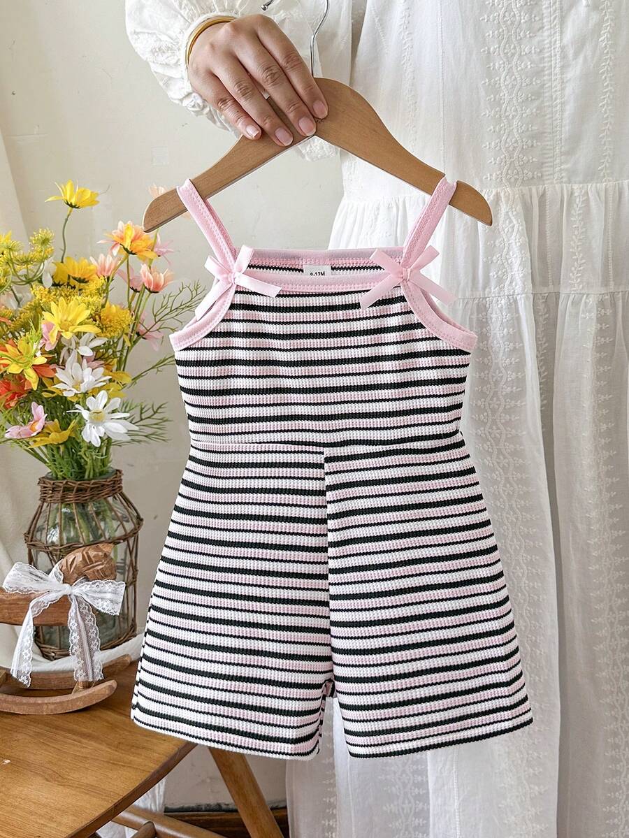 SHEIN Baby Girl Casual Fashion Daily Strapless Sleeveless Cinched Waist Short Solid Color Elastic Ribbed Fabric 3D Bow Short Summer Pink Romper - Pink - View 1