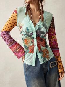 Bohemela Blusa casual de punto de malla con estampado floral y abotonadura sencilla para mujer - Multicolor - Ver 3