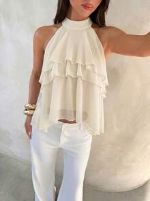 Aloruh Halter Neck Ruffled Cake Chiffon Blouse Beach Vacation, Summer Holiday, Tropical, Resort Wear, - Beige - View 6