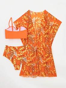 Swim Lushoire 女士夏日熱帶印花性感比基尼套裝，上下可分離，搭配短袖和服外套 - 亮橙色 - 查看 5