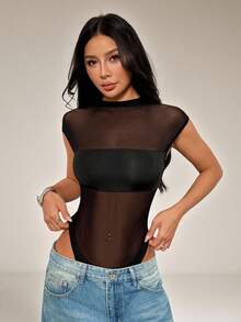 SHEIN PETITE Bodysuit không tay màu đen gợi cảm phối lưới xuyên thấu bất đối xứng, Bodysuit xuyên thấu gợi cảm màu đen - màu đen - Xem 7
