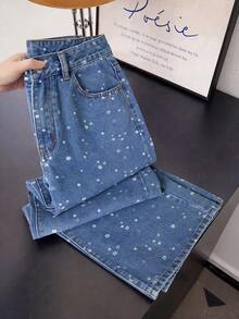 Qadelle Women's Ditsy Floral Pocket Casual Versatile Jeans - Blue - View 2