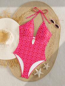 Swim Mod Baju Renang Wanita Musim Panas untuk Liburan Pantai, Motif Bunga Merah Muda, Tali Bahu Tipis, Potongan Segitiga, Tanpa Punggung, Seksi, Potongan Tinggi, Terusan, Tanpa Lengan, - Berwarna merah muda - View 3