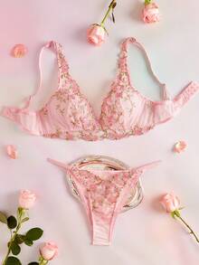 Elorette 2pcs Pink Underwire Lift & Cleavage Enhancing Bra Set, Romantic Floral Design - Baby Pink - View 3