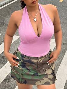 CovetEZ Plus Size Women Solid Color Halter Tie Back Camisole, Casual For Date Formal Night Pink Summer - Pink - View 5
