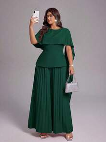 Viva Relle Plus Size Women's Spring/Summer New Lightweight Luxury Banquet Style Bean Paste Pink Jumpsuit, Asymmetric Shawl Waist-Cinched Pleated Wide-Leg Pants. Suitable For High-End Evening Parties, Wedding Guests, Red Carpet Events, Lightweight Luxury Banquet Style Fashion Apparel - Dark Green - View 3