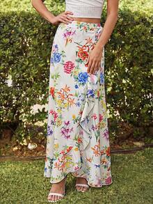 KARISMINA Women's Summer Floral Print Ruffle Hem Skirt,High Waist Self Tie Ruffled Irregular Hem Long Beach Outfits For Woman, Vacation, Beach - Multicolor - View 4