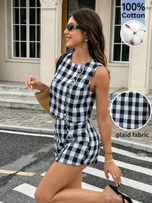 SHEIN Frenchy 女士格子单排扣背心和短裤休闲两件套 - 黑與白 - 查看 10