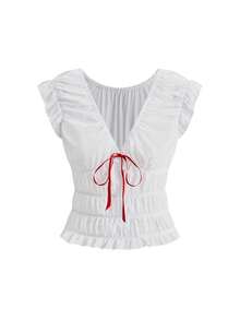 Sweetness Women's Sexy Cute Sexy Lace-Up Ruched Top Vacation Red And White Summer - White - View 2