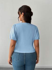 Elenzga Plus Size Women's Summer Solid Light Blue Deep V-Neck Lantern Short Sleeve Minimalist Blouse, Elegant Versatile Women's Clothing For Casual Daily - Blue - View 4