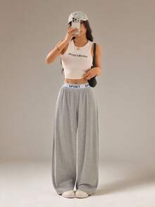 SHEIN PETITE Quần ống rộng nữ kiểu dáng thường ngày, có in chữ, cạp chun. - Xám - Xem 6