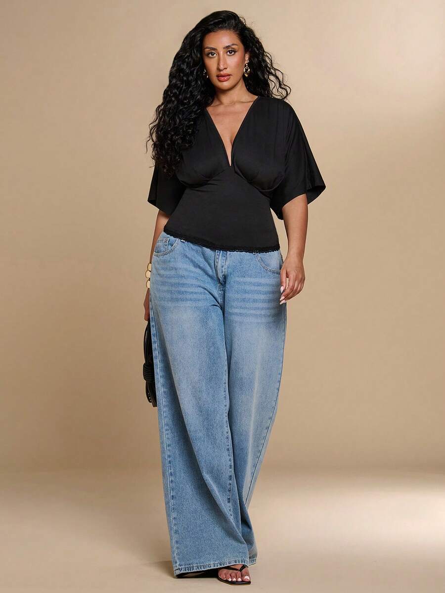 SHEIN BAE CURVE Plus Size Black V-Neck Short T-Shirt,Women's Deep V Neck Dolman Sleeve Top Elegant Wrap Front Batwing Blouse For Women Chic Plunge Top With Lace Trim - Black - View 1