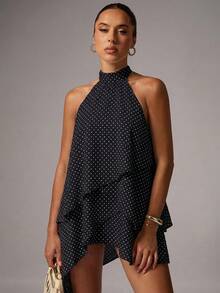 Avenya White And Black Polka Dot Hanging Mini Dress Voluminous Skirt Day Party Bar Party Night Out Summer Sexy - Multicolor - View 3