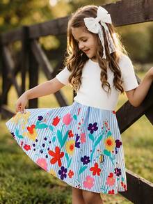 Young Girl Knitted Solid Color Round Neck Patchwork Woven Striped Hem Casual Floral Print Dress - Multicolor - View 7