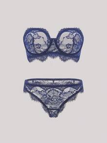 Hourtrue 2 piezas Conjunto de lencería elegante y sexy de encaje para mujer para el verano - azul real - Ver 1
