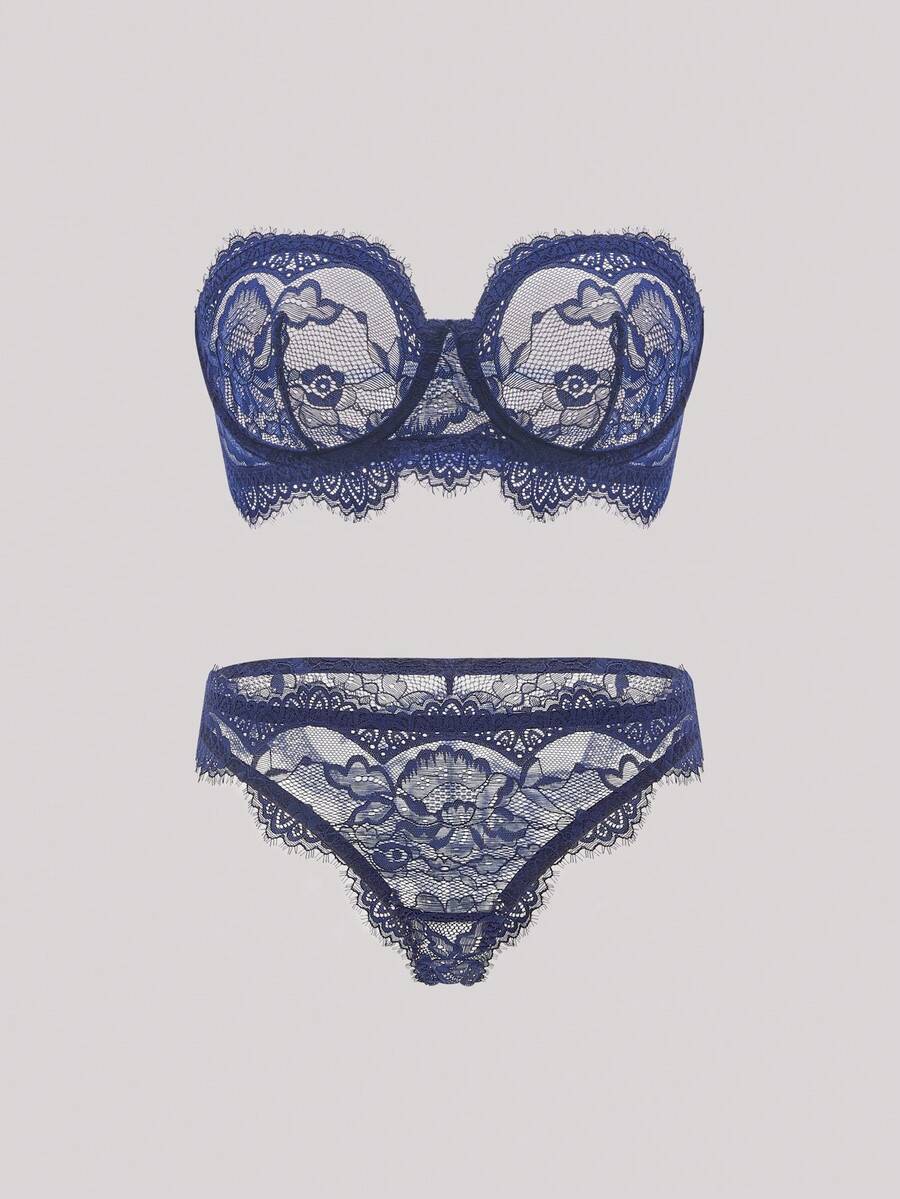 Hourtrue 2 piezas Conjunto de lencería elegante y sexy de encaje para mujer para el verano - azul real - Ver 1