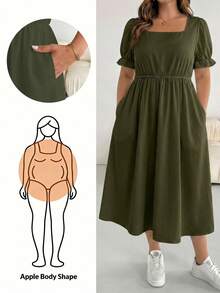 SHEIN Essnce Plus Size Summer Casual Solid Color Short Sleeve Dress - Army Green - View 1