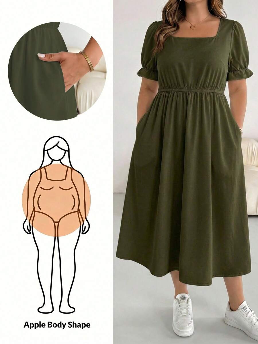 SHEIN Essnce Plus Size Summer Casual Solid Color Short Sleeve Dress - Army Green - View 1