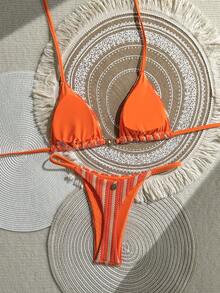 Swim Mod Women's Spring/Summer New Special Fabric Metal Decor V-Neck Halter Backless Triangle Top & Bikini Bottom Two Pieces Swimwear - Orange - View 2