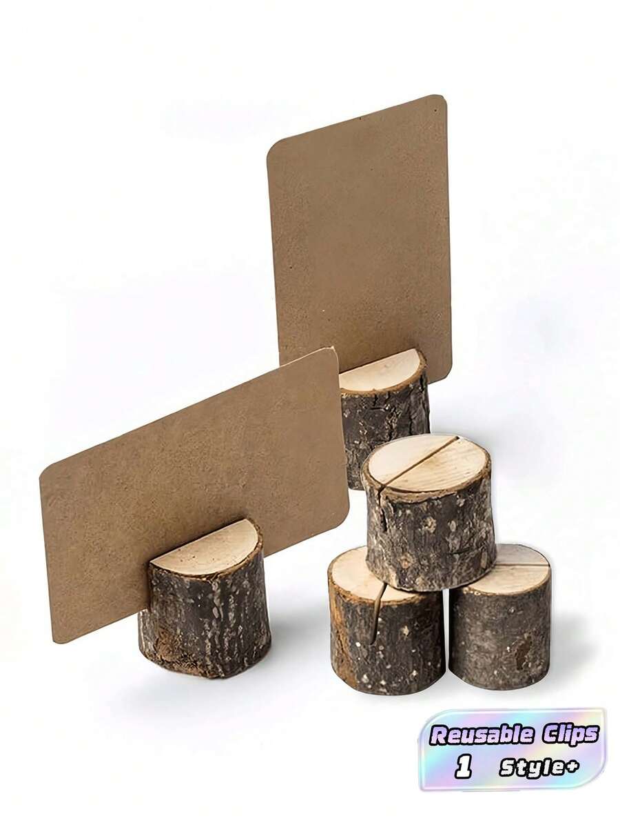 5Pcs Vintage Wooden Memo Clips Spiral Wire, Woodgrain Texture Hold Memos Cards Photos Notes, Kraft Table Cards For Wedding Party Table Numbers Name Tags - multicolor - View 1