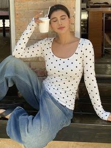 DAZY Autumn New Polka Dot Fitted Long Sleeve Print T-Shirt - White - View 10