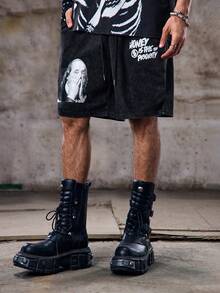 Skyrend Pantalones cortos estampados para hombres con efecto desgastado, con retratos de Franklin y patrones con temática de dinero, adecuados para el estilo casual de calle en verano - Negro - Ver 6