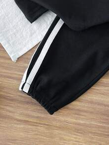 SHEIN 女嬰 2件/套 春季女童休閒運動日常風格 寬鬆刺繡裝飾套裝，短澎袖圓領上衣&條紋裝飾長褲 - 黑色 - 查看 8