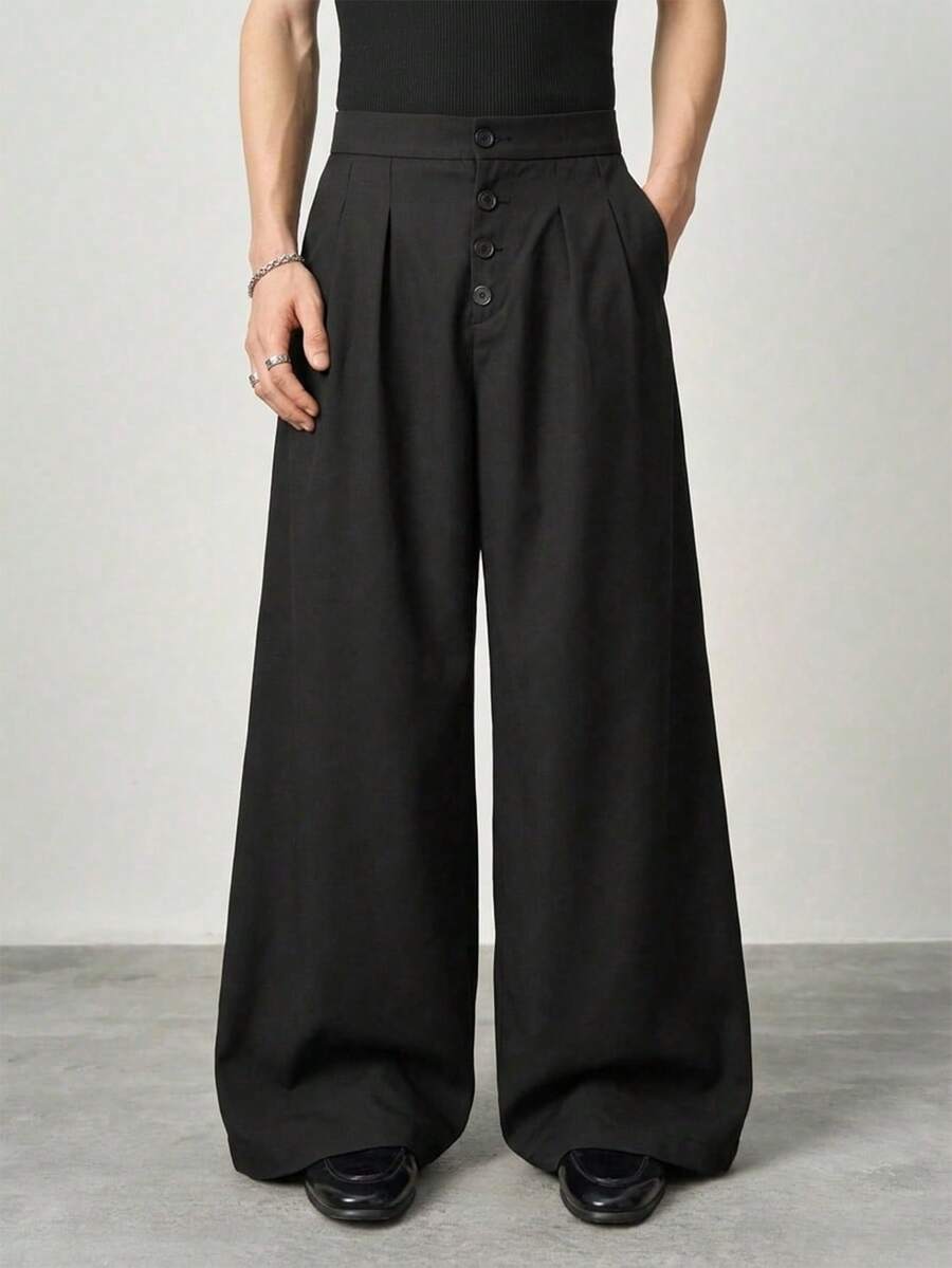 STYNVO Men's Solid Color Button Front Casual Straight Leg Pants - Black - View 1