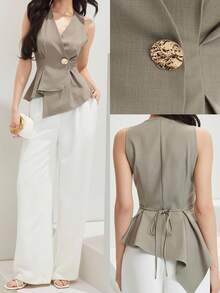 Heiryn Women's Taupe Sleeveless Wrap Peplum Top - Summer, Taupe, Button Detail, Old Money, Workwear, Brunch, Vacation - Army Green - View 2