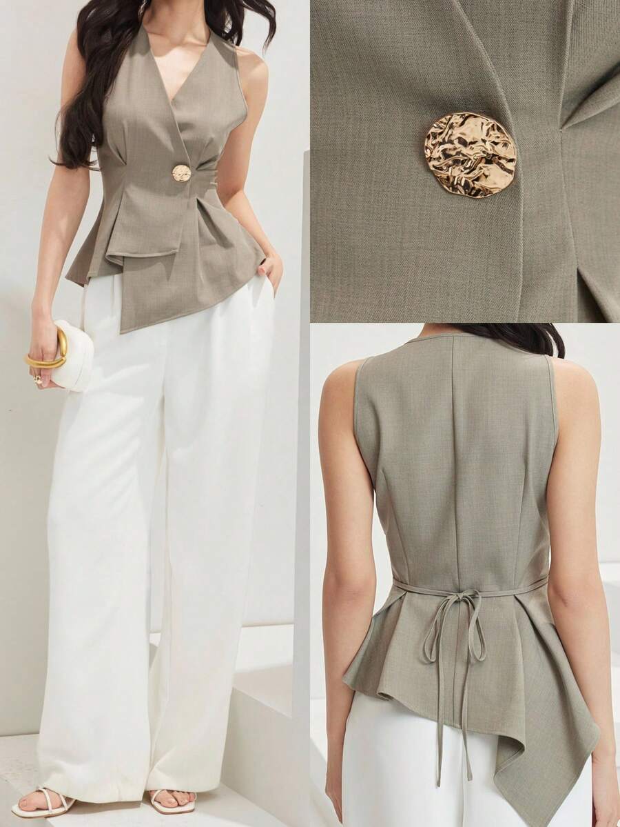 Heiryn Women's Taupe Sleeveless Wrap Peplum Top - Summer, Taupe, Button Detail, Old Money, Workwear, Brunch, Vacation