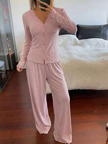 DAZY 2pcs/Set Women's Pajama Set, Lace Patchwork Comfortable Knit Long Sleeve Cardigan Top And Straight Leg Long Pants - Pink - View 4