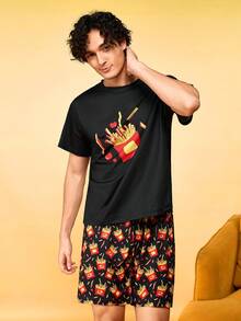 Notgurli 牛奶絲套頭男士雙件短版法式薯條印花居家服套裝 - 彩色 - 查看 5
