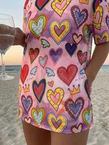 Vaclyn Summer Beach Round Neck Geometric Print Short Sleeve Cover-Up - Multicolor - View 4