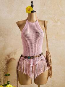 Bellisia 26SS Pink Halter Backless Sexy Boho Tropical Mature Mini Dress With Shell Tassel Suitable For Beach Vacation Summer - Pink - View 3
