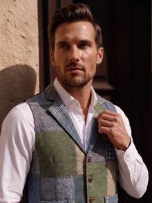 Officeau Chaleco de hombre estilo Old Money azul con patchwork y contraste de color, para negocios formal/noche - Azul - Ver 8