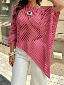 SHEIN Franclia Women's Solid Color Round Neck Hollow Design Asymmetric Hem Sweater Vacation Hot Pink Summer Casual - Hot Pink - View 6