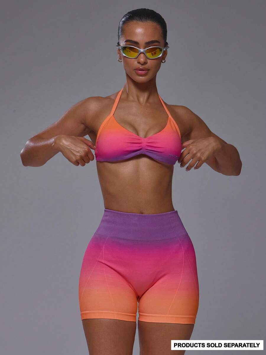 Musera Sport Bra Olahraga Model Ombre Motif Belahan Dada Dalam, Bagian Dada Berkerut, Punggung Terbuka, Model Halterneck, Atasan Saja, Cocok untuk Aktivitas Olahraga, Pilates, Lari, Imut, Feminin, Sehari-hari, Slowburn - MultiWarna - View 1
