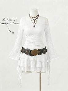 SHEIN MOD 大尺碼女款蕾絲拼接不對稱肩性感約會洋裝 - 白色 - 查看 3