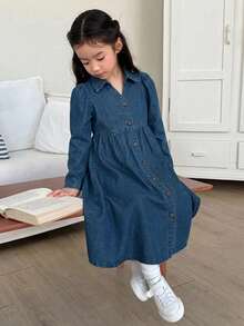DAZY Girls' Casual Turn-Down Collar Washed Korean Style Versatile Solid Color Denim Dress - Blue - View 1