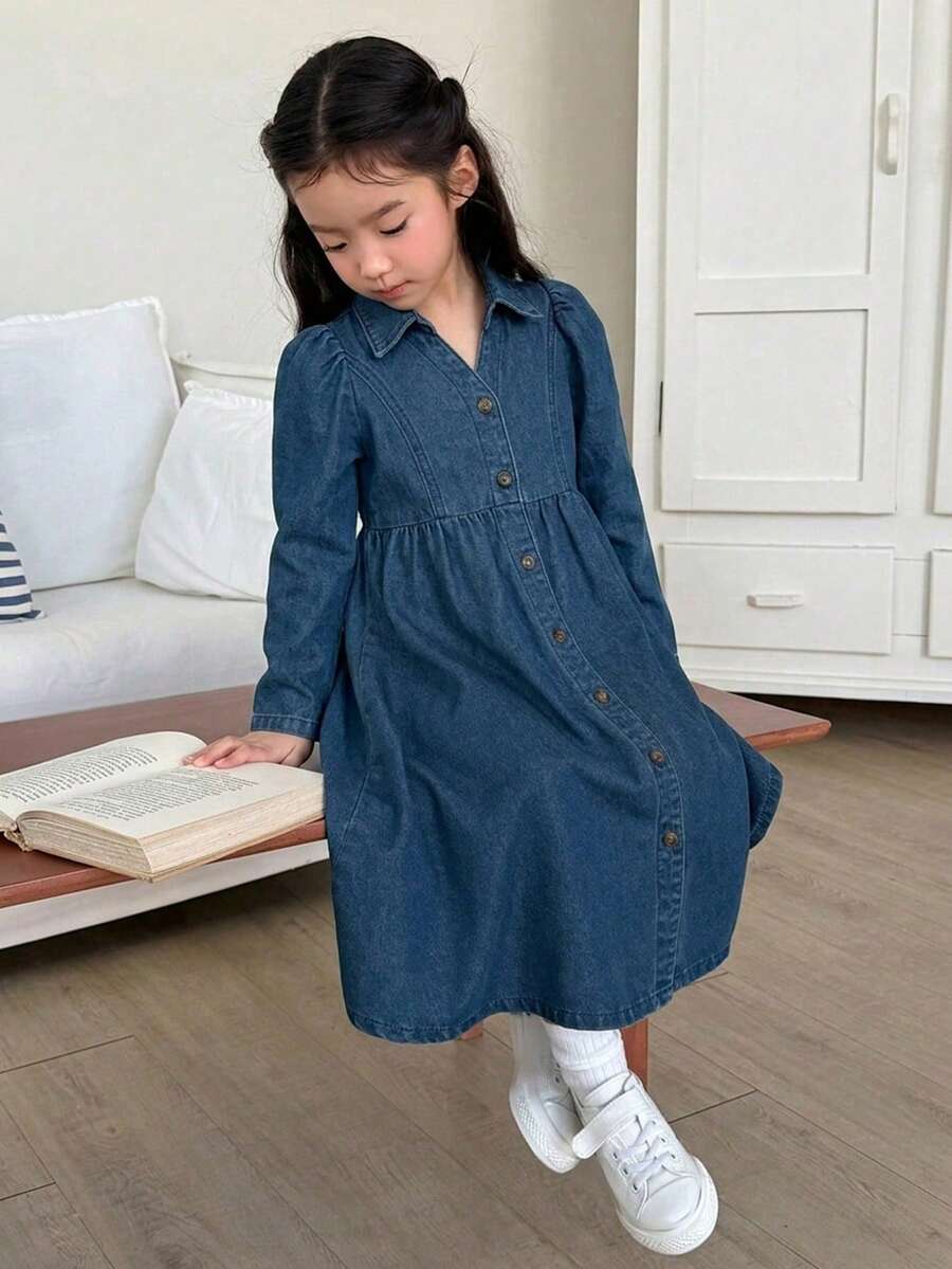 DAZY Girls' Casual Turn-Down Collar Washed Korean Style Versatile Solid Color Denim Dress - Blue - View 1