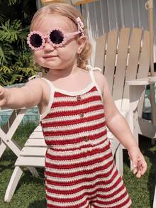 Cozy Pixies Baby Girl Contrast Color Striped Pattern Knit Soft Suspender Romper Shorts - Red - View 7